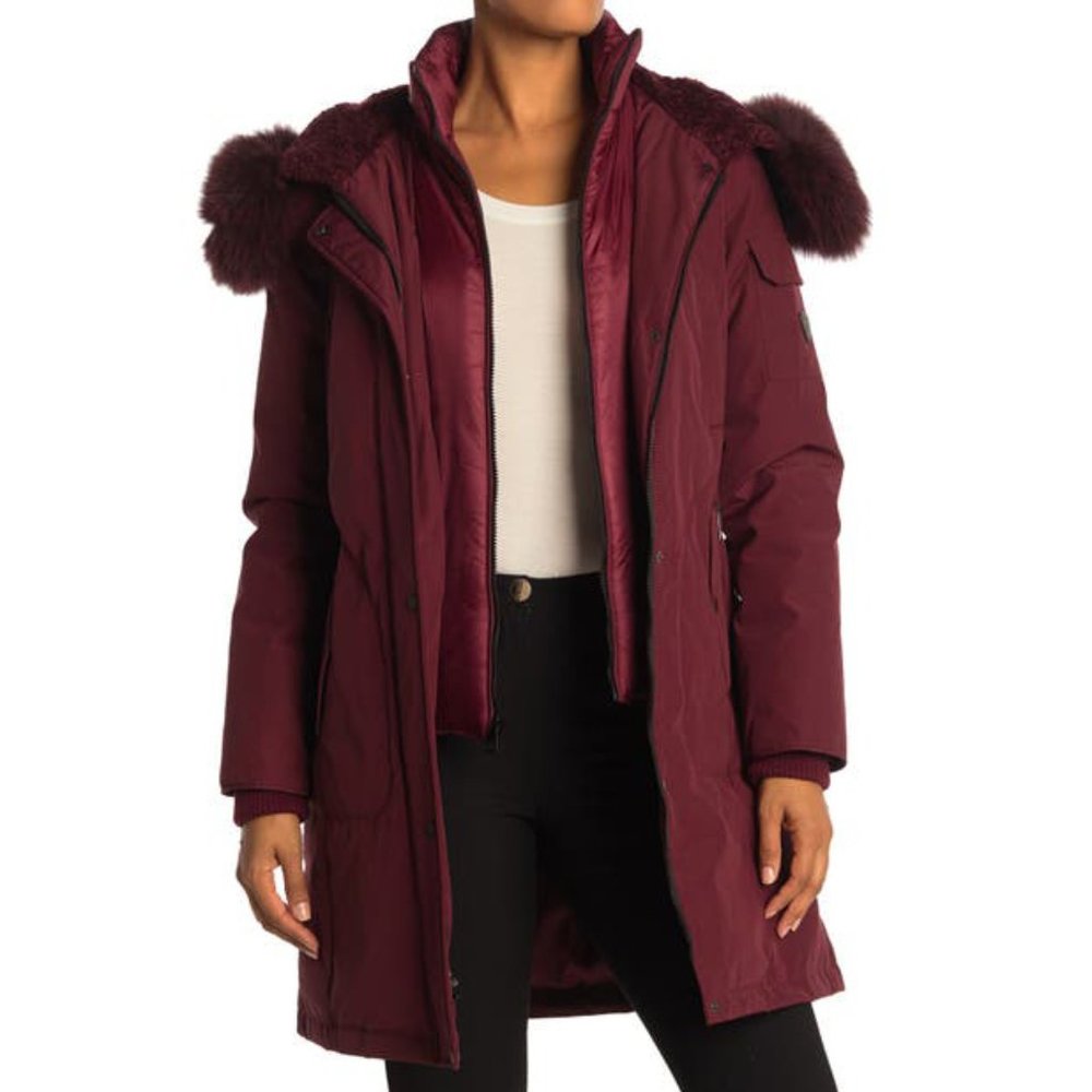 NEW 1MADISON Women Parka Burgundy Genuine Fox Fur Trim Mid Length Down Jacket